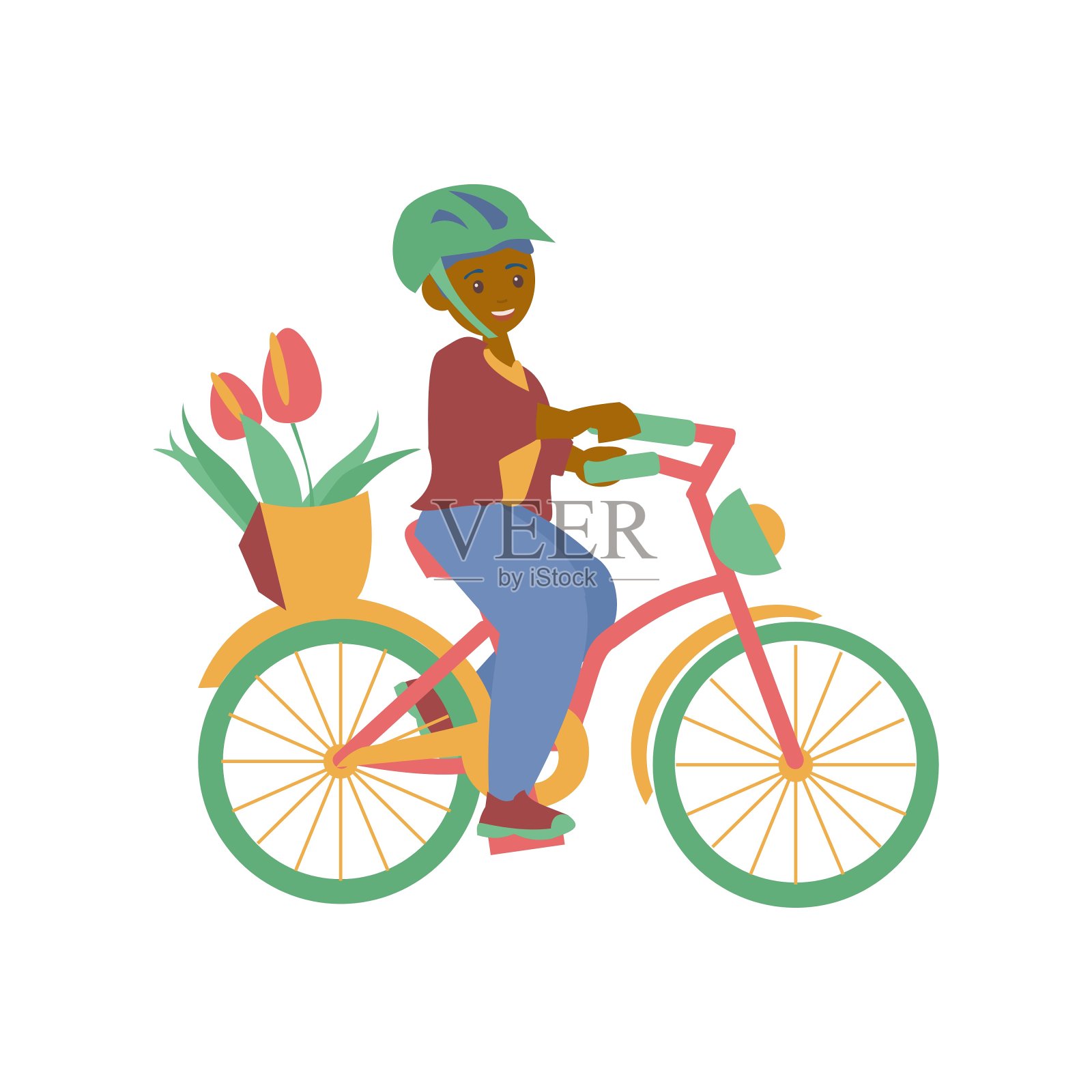 非裔美国男孩骑自行车与花篮矢量平面插图插画图片素材