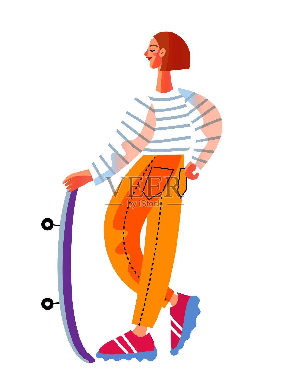 年轻女子站在滑板上。快乐的女孩与板孤立在白色的背景。娱乐在滑板公园操场矢量插图。现代青年休闲插画图片素材