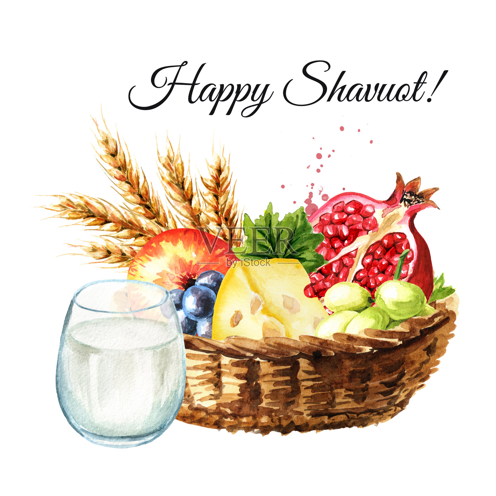 五旬节卡。小麦，水果和乳制品。犹太节日五旬节的象征。水彩手绘插图孤立的白色背景插画图片素材