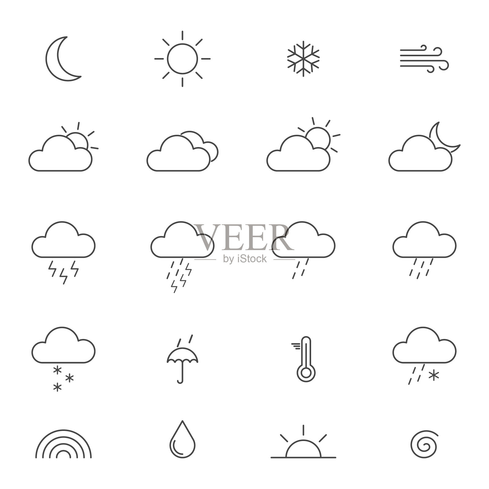 天气线艺术图标集。纤细的现代天气符号集合。太阳，雨，月亮，云，冷，雪，风，雾模板。气象学的形状轮廓。矢量图图标素材