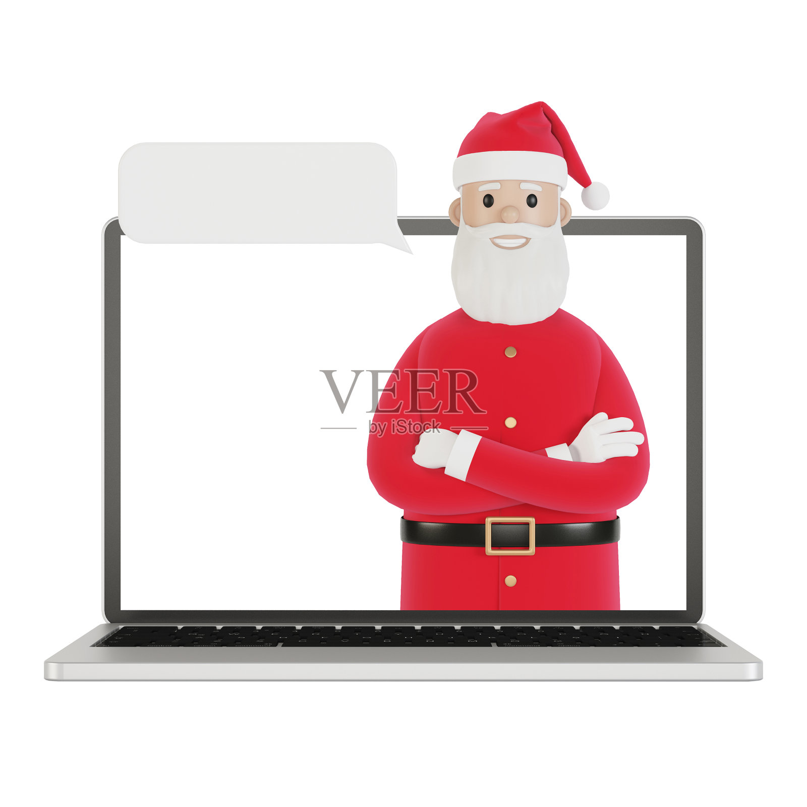 圣诞老人送礼物，网上送礼物给人们。电脑屏幕上有圣诞老人。网上购物,交付。3D插图卡通风格。照片摄影图片