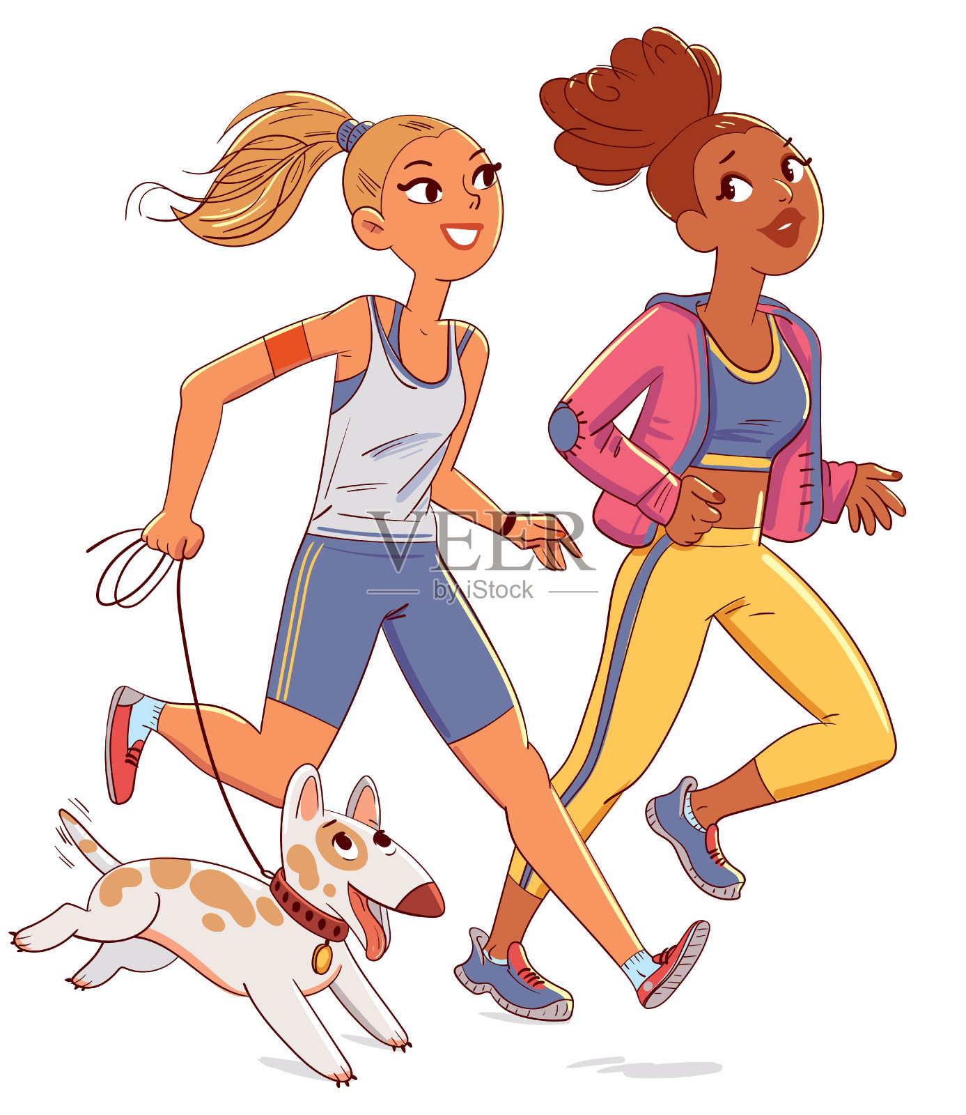 两个女孩带着狗慢跑。有趣的卡通人物插画图片素材
