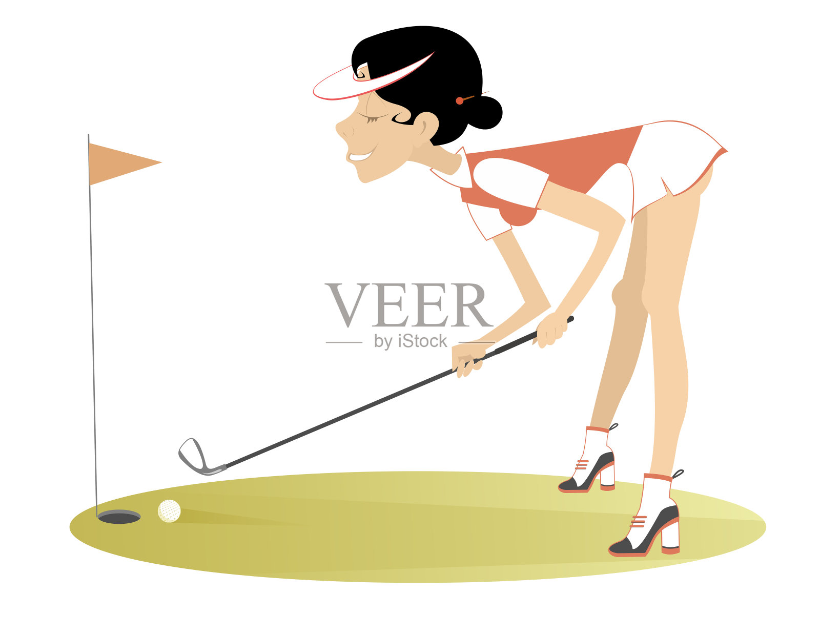 高尔夫球场插图上的年轻高尔夫女子。插画图片素材