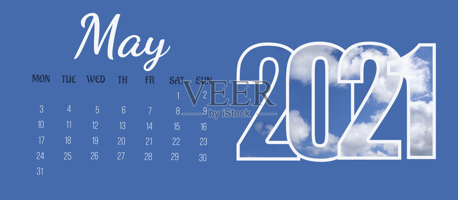 全月日历页:2021年5月。月的名称，星期的天数，天数的数字和年在蓝色固体背景上。日历日期的概念设计模板素材