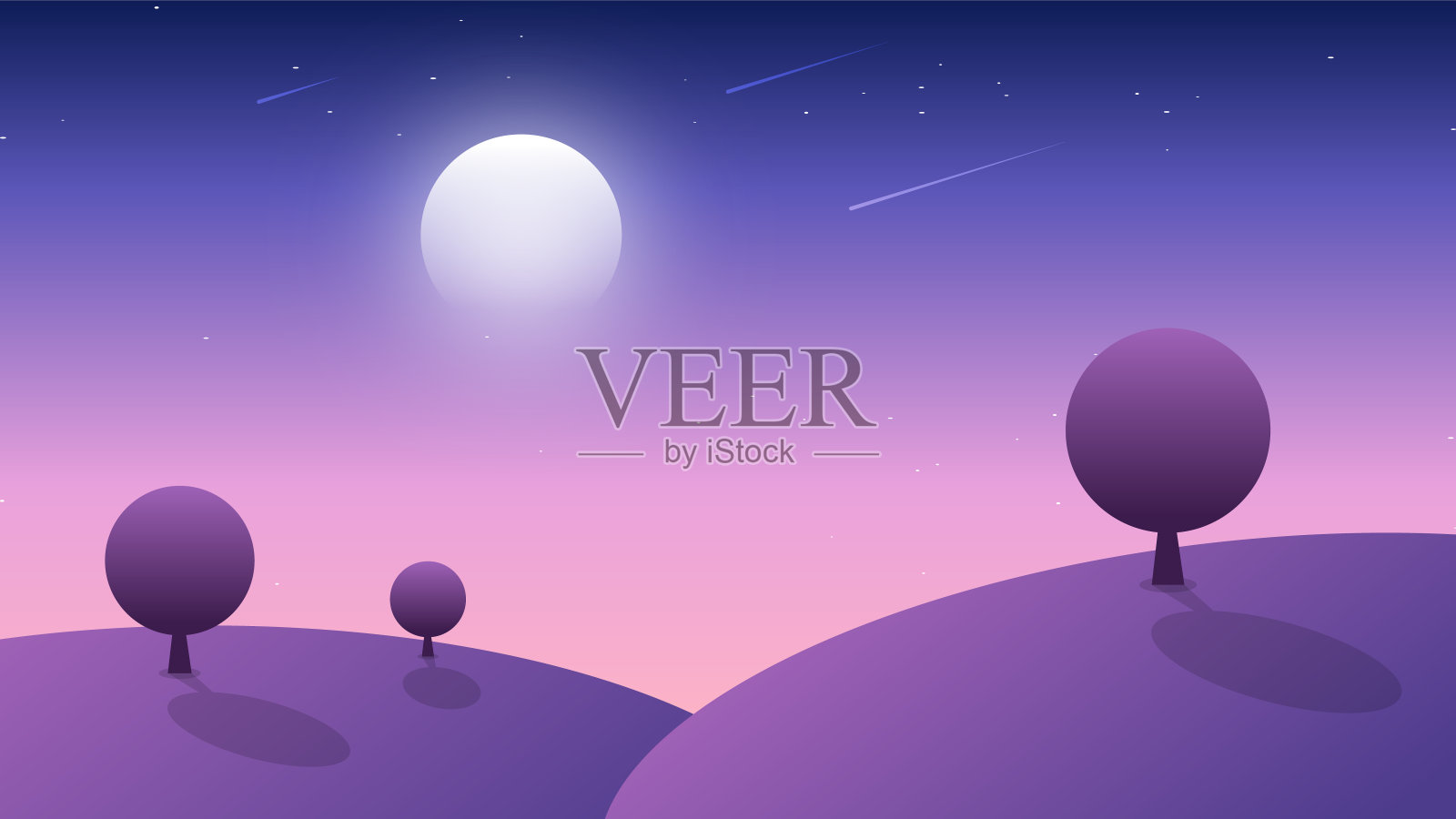 紫夜山景背景图片与流星和满月。插画图片素材