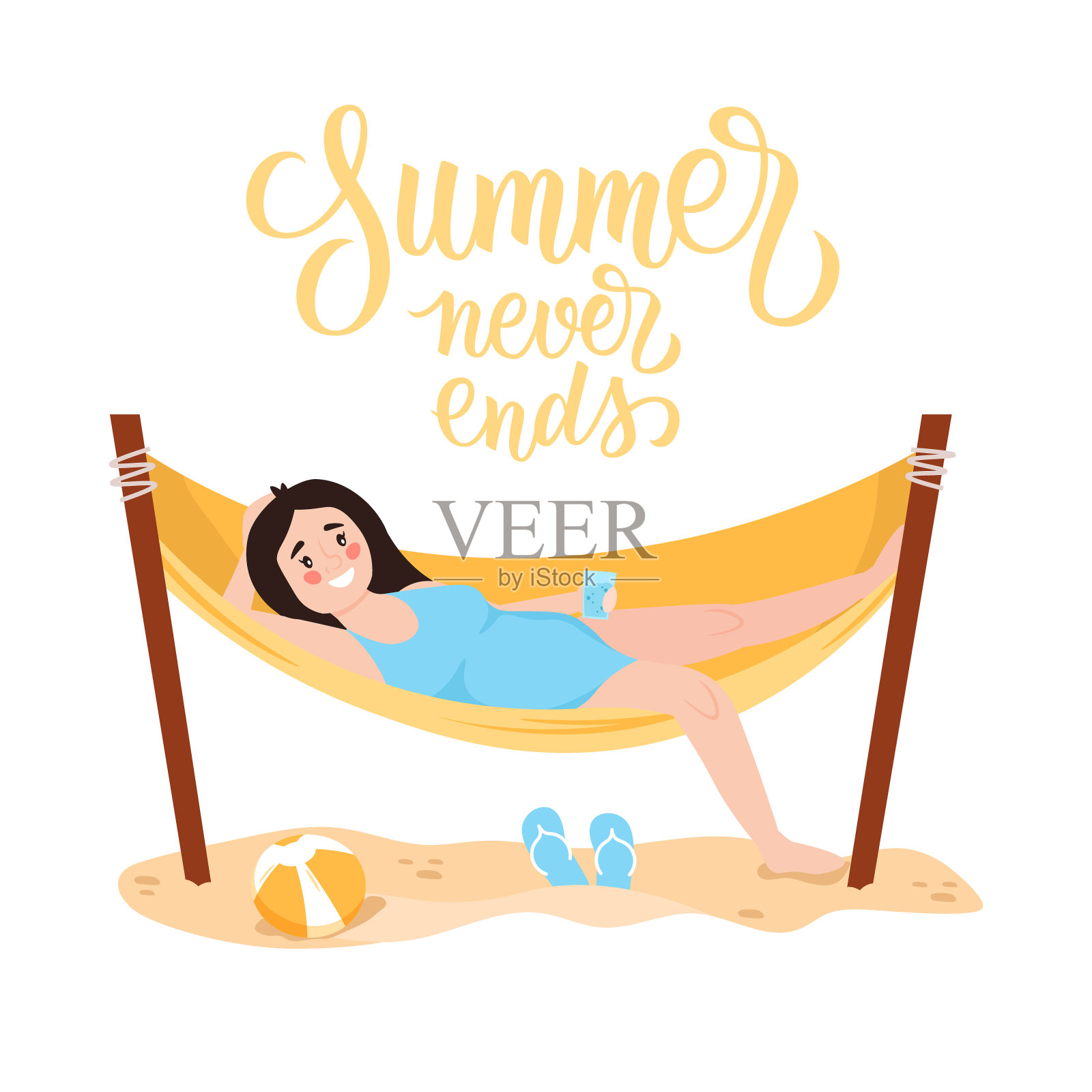 夏日永不结束手绘字体。穿着泳衣的女人在海滩上享受日光浴和暑假。插画图片素材