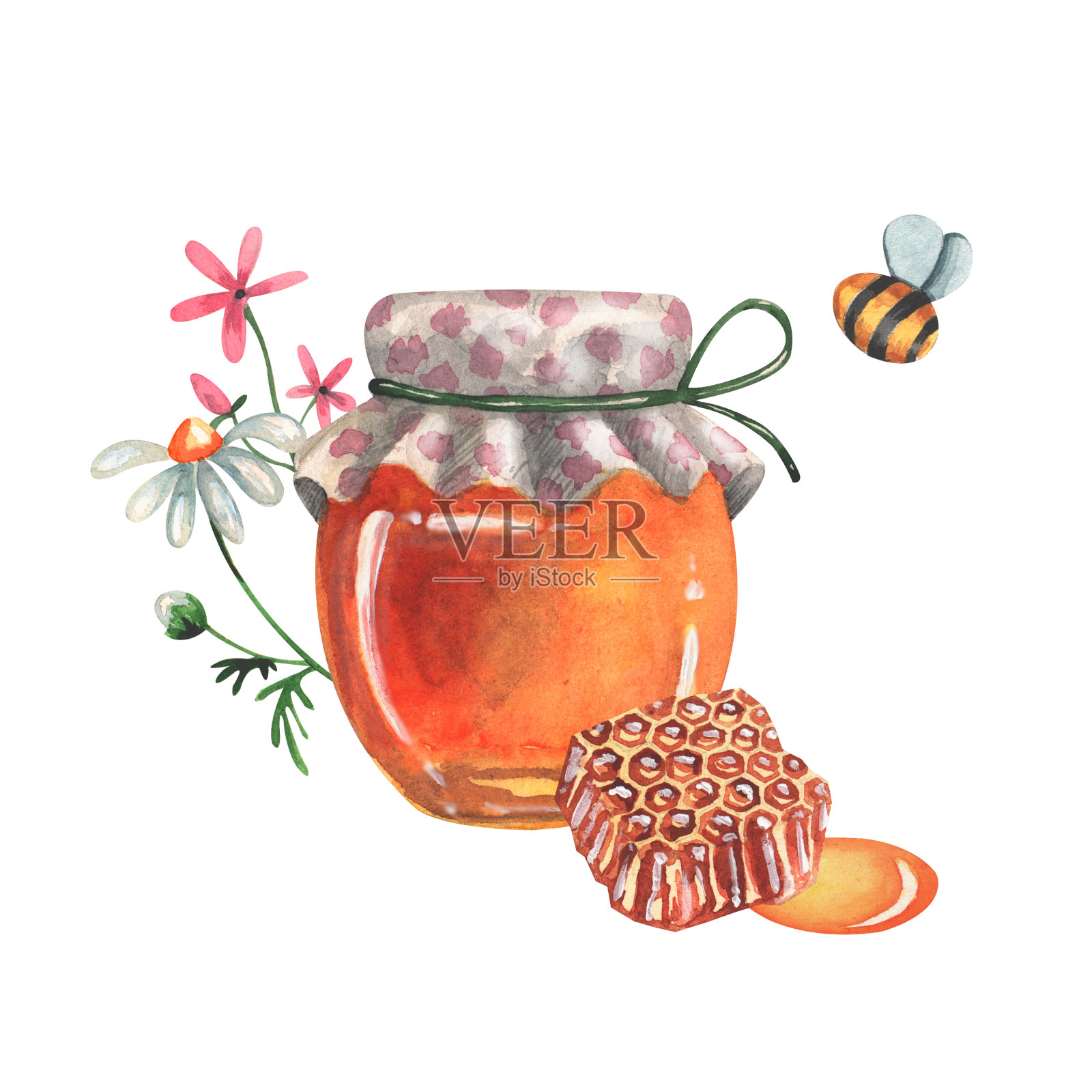 水彩插图与蜂蜜，花和蜜蜂插画图片素材