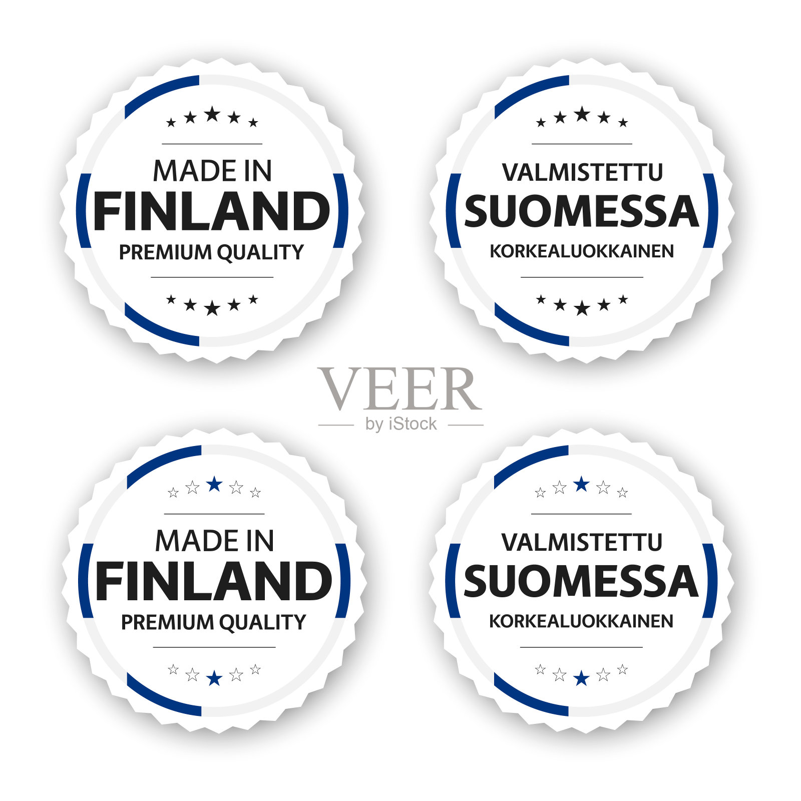 一套四个芬兰标签。芬兰制造在芬兰的瓦尔米斯泰图苏美萨。优质的贴纸和星星标志。简单的矢量插图孤立在白色背景上设计元素图片