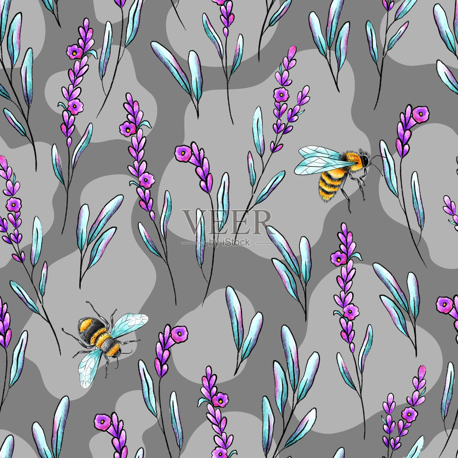 水彩和墨水，蜜蜂和植物灰色背景无缝模式插画图片素材