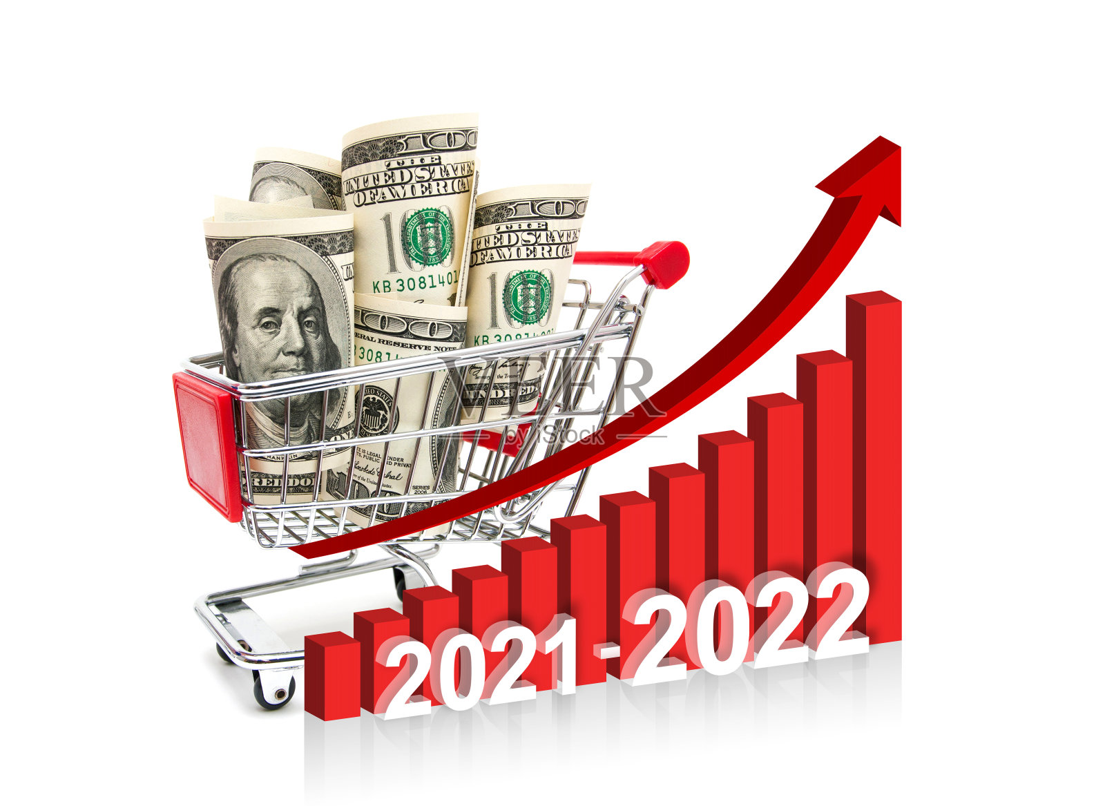2021-2022年的增长图表和美元孤立的白色背景照片摄影图片
