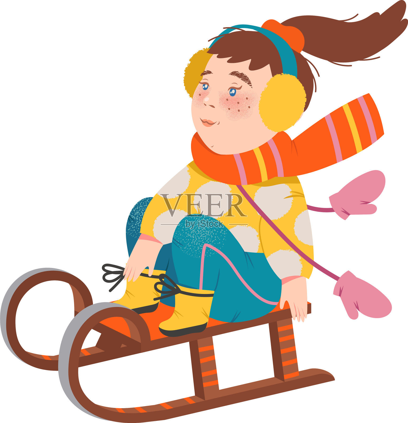 小女孩戴着温暖的耳套和围巾滑雪橇插画图片素材