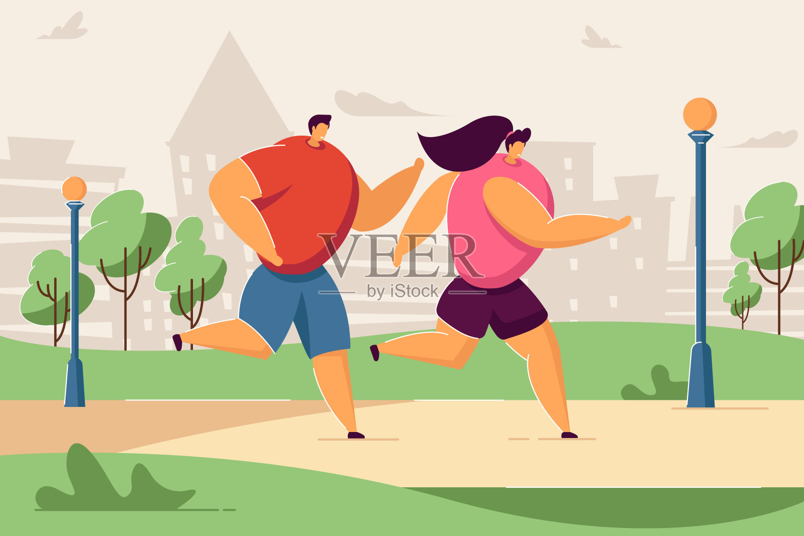 快乐的卡通情侣在夏季城市公园一起慢跑插画图片素材