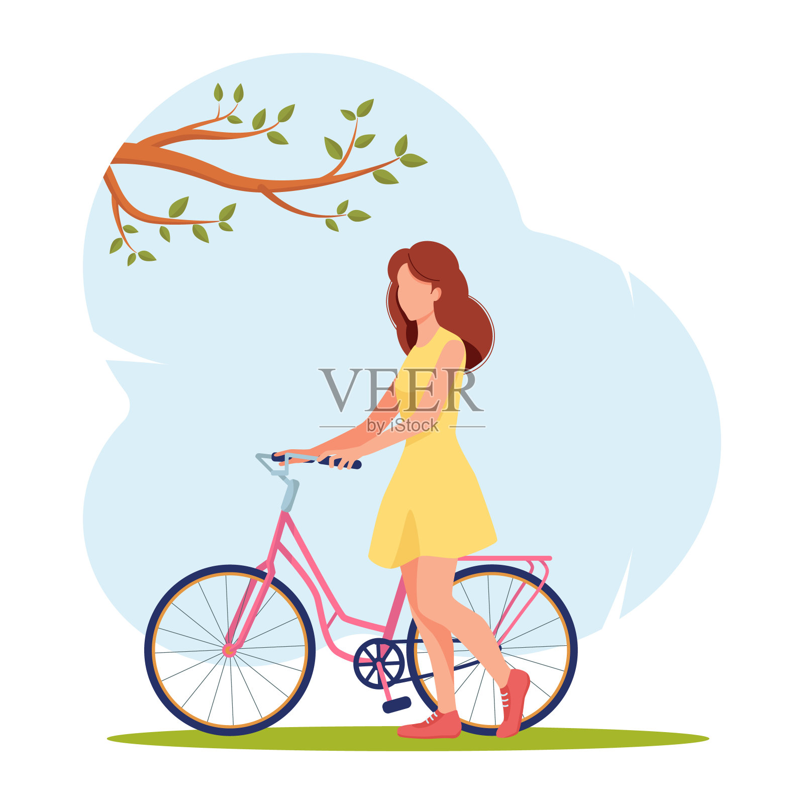 在蓝色的天空中，穿着夏装的女孩站在粉红色的自行车旁边设计元素图片