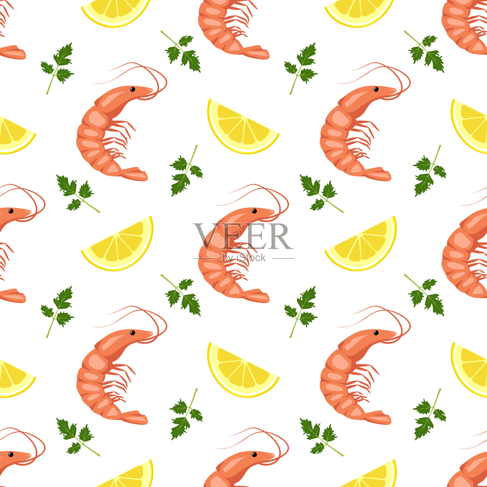 用虾或对虾，柠檬角和欧芹叶做成的无缝图案。用于纺织品、纸张等食品印刷设计。是维生素和健康营养的来源插画图片素材