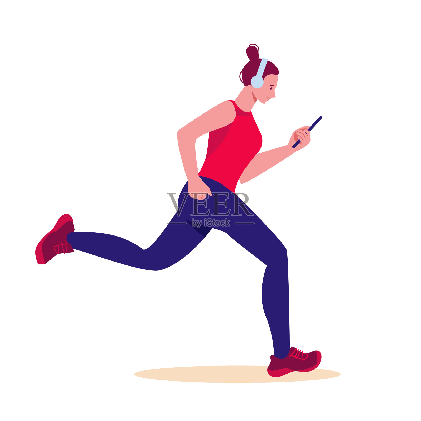 女孩带着手机和耳机奔跑。矢量插图在平面卡通风格。孤立在白色背景上。插画图片素材