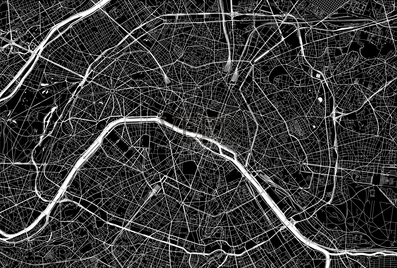 巴黎市中心的优雅银色地图，深灰色背景插画图片素材