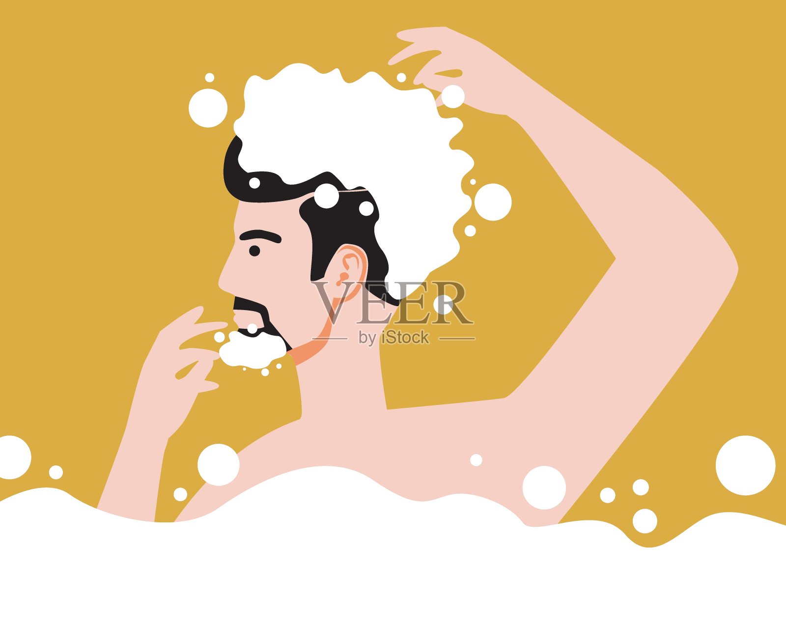 年轻人在浴室洗澡。用香波和肥皂洗头、头发和身体。平面卡通矢量插图孤立的白色背景。插画图片素材_ID:380161438-Veer图库