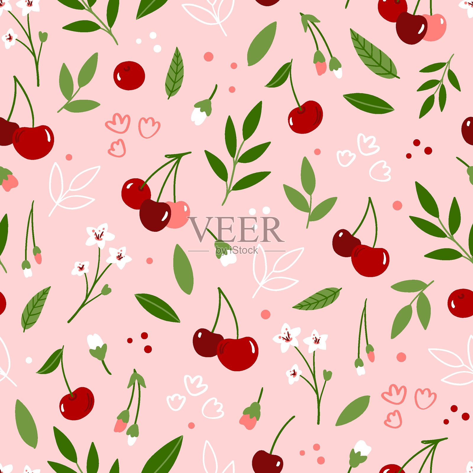 无缝花图案与樱桃，花和叶在粉红色的背景插画图片素材