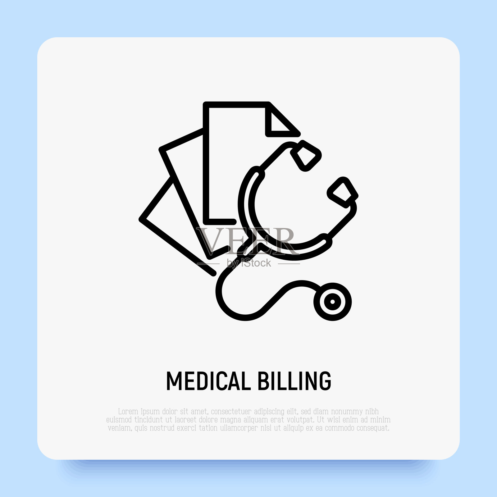 医药费单:带纸的听诊器。细线图标。医疗保险。医疗发票。矢量插图。插画图片素材