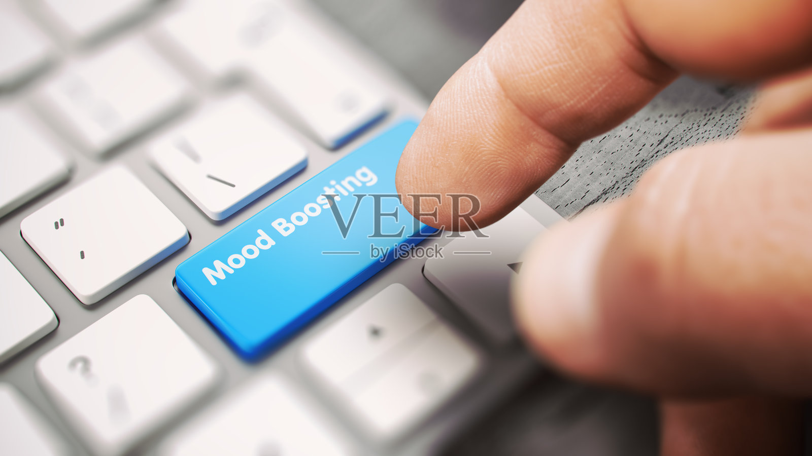 心情增强-消息在蓝色键盘键盘键。3D。照片摄影图片