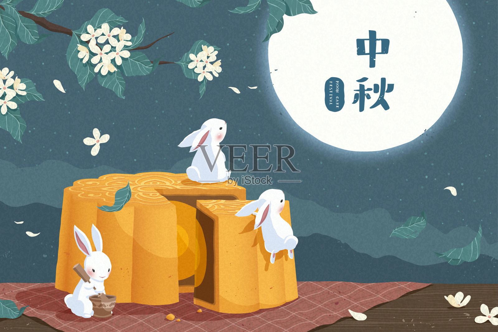 中秋节赏月享用月饼的玉兔插图设计模板素材