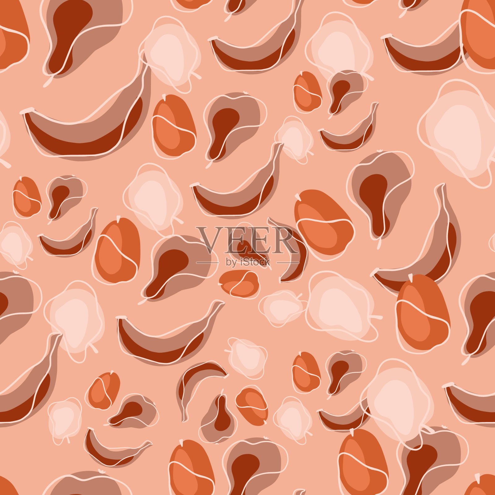 无缝抽象图案与随机水果轮廓:香蕉，苹果，梨，李子。粉色柔和的背景。插画图片素材