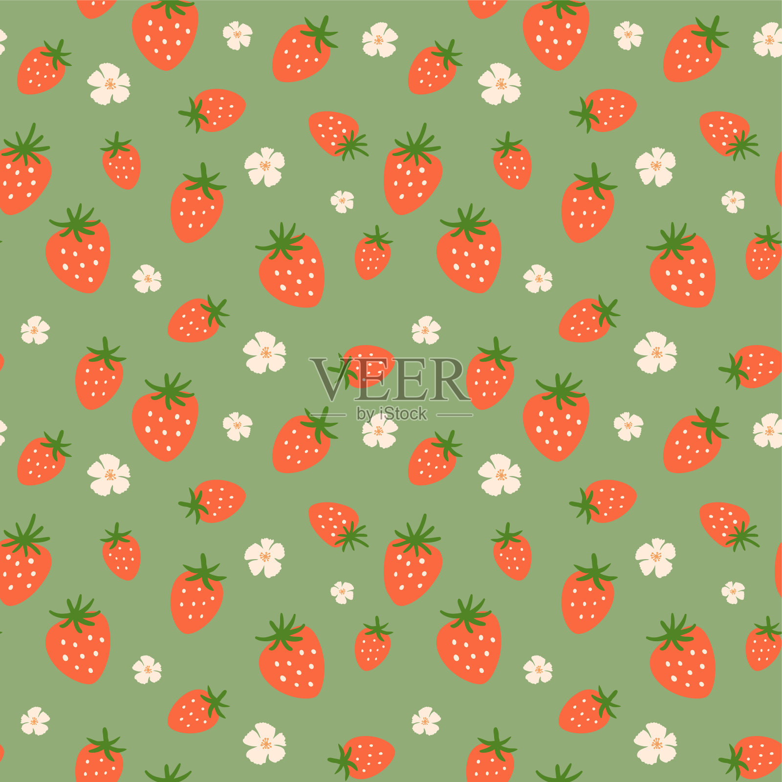 草莓无缝模式。可爱的夏天浆果花在绿色的背景。草莓织物织物设计插画图片素材