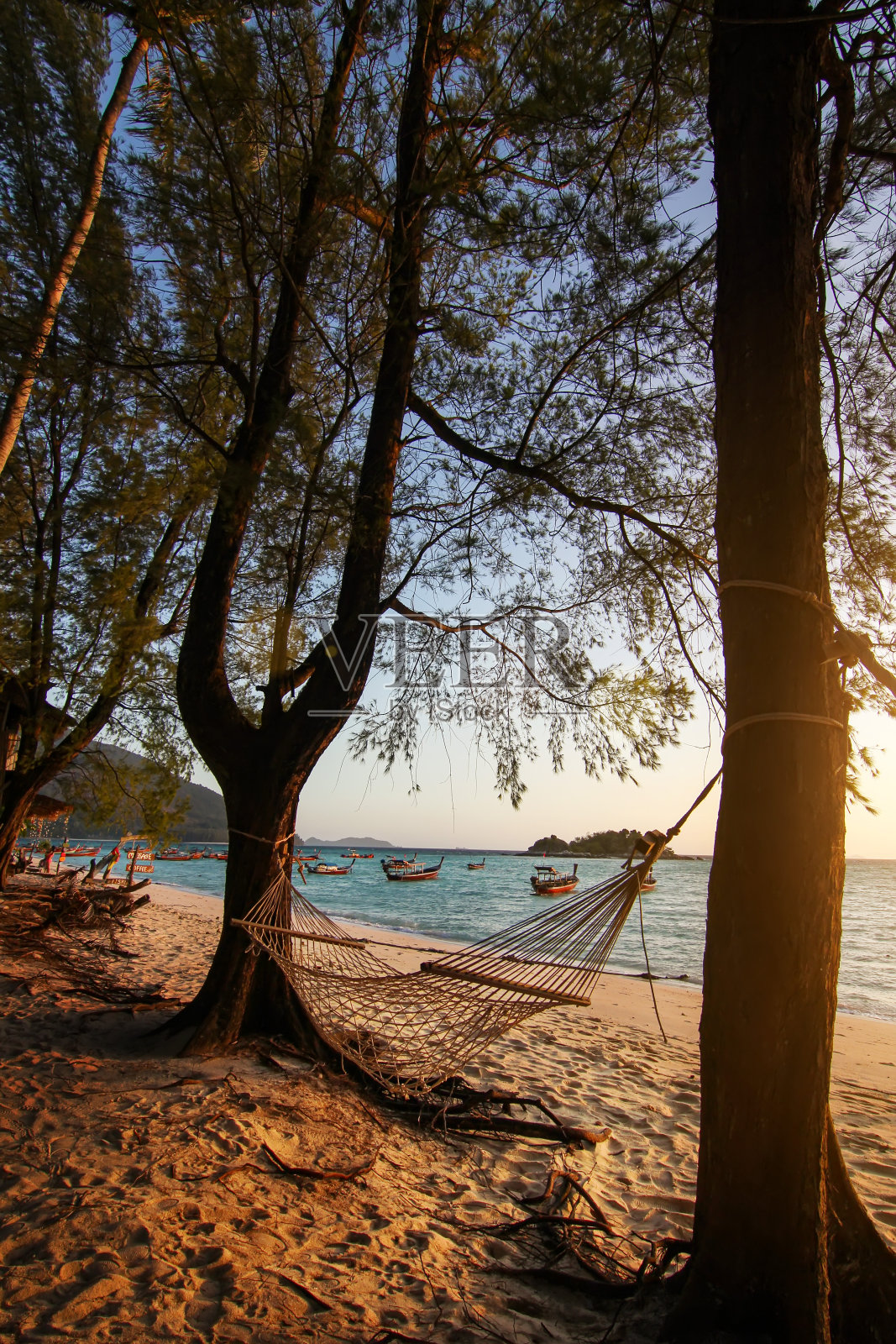 美丽的泰国旅游岛“Koh Lipe”和平的海边沙滩与绳摇篮松树和温暖的早晨日出天空背景景观照片摄影图片