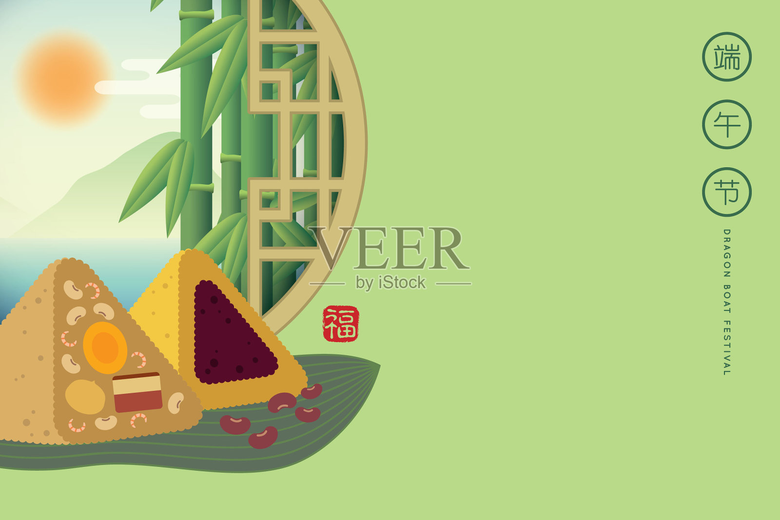 端午节-粽子(粽子)与圆形的中国窗框和风景插画图片素材