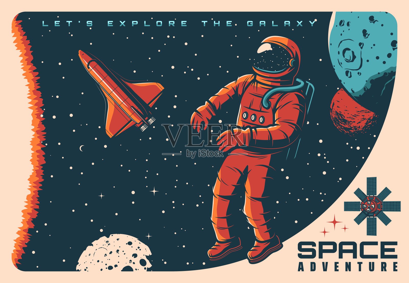 太空探险，宇航员和行星复古海报设计模板素材