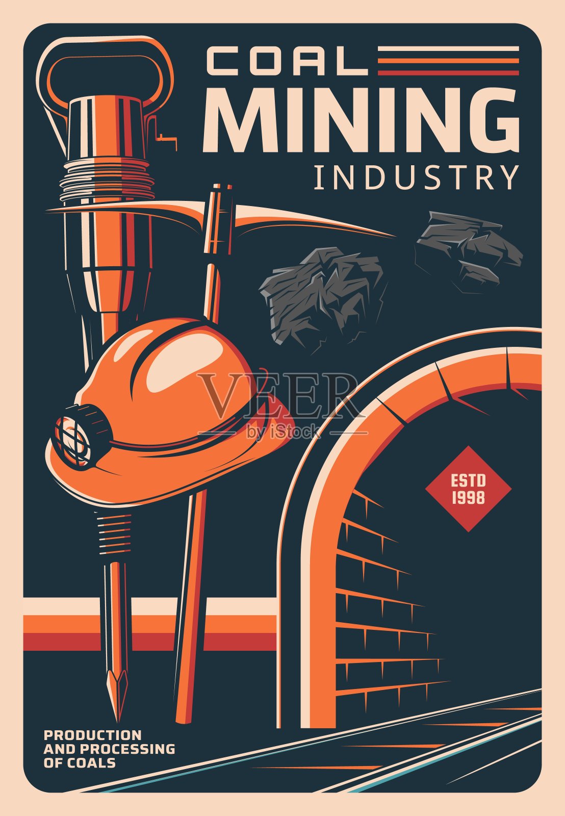 煤矿开采和矿工工具，复古海报设计模板素材