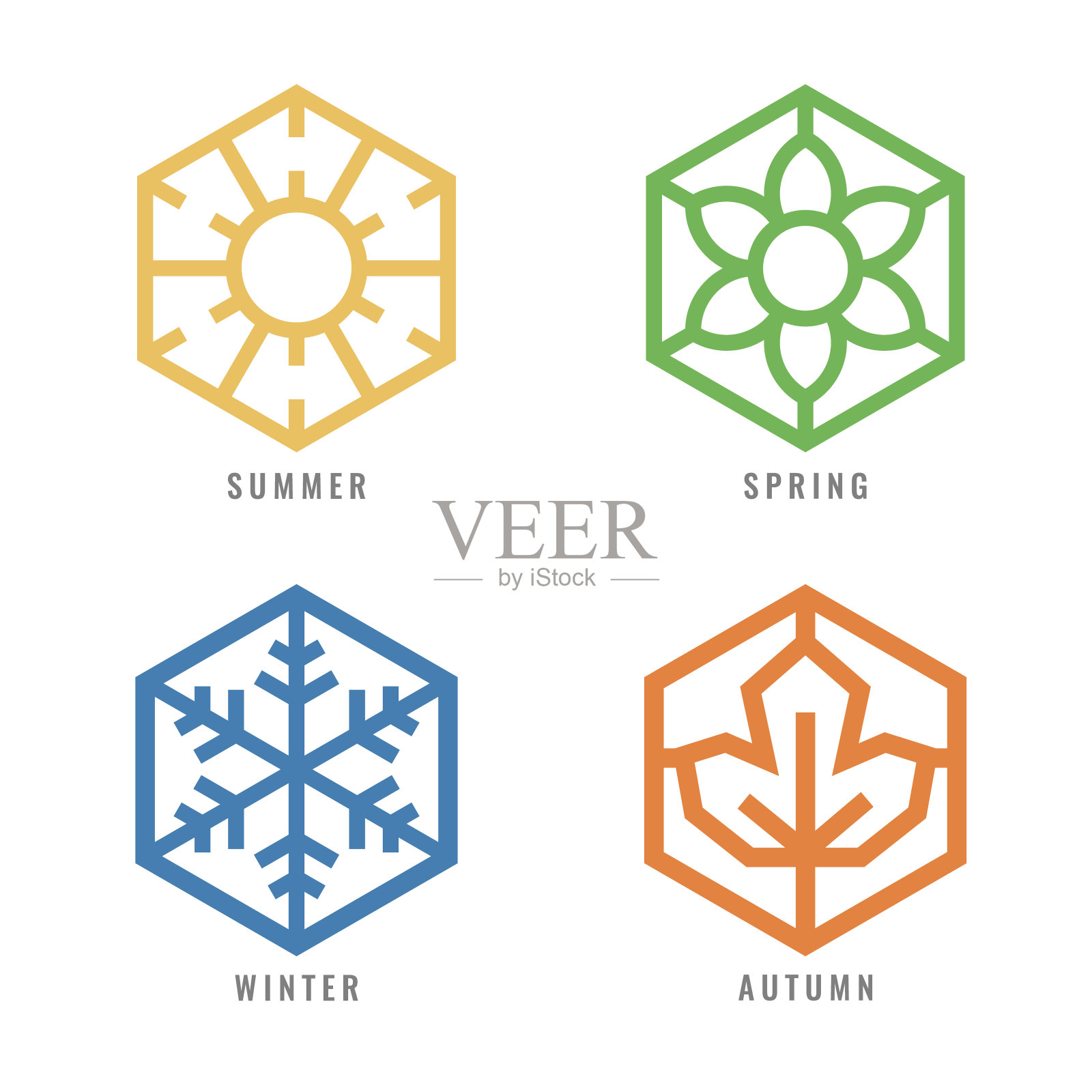 六角形图标，夏季太阳标志，春季花朵标志，冬季雪花标志，秋季枫叶矢量设计插画图片素材