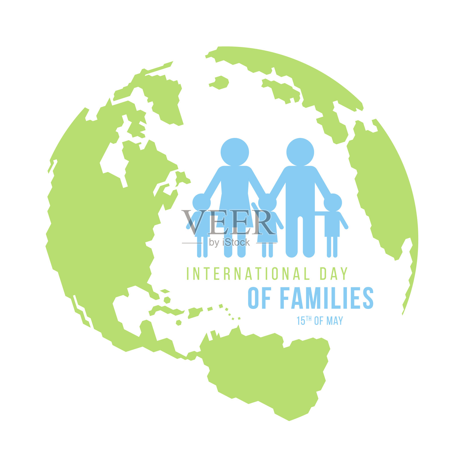 国际家庭日旗帜与绿色地球地图和蓝色家庭标志矢量设计插画图片素材
