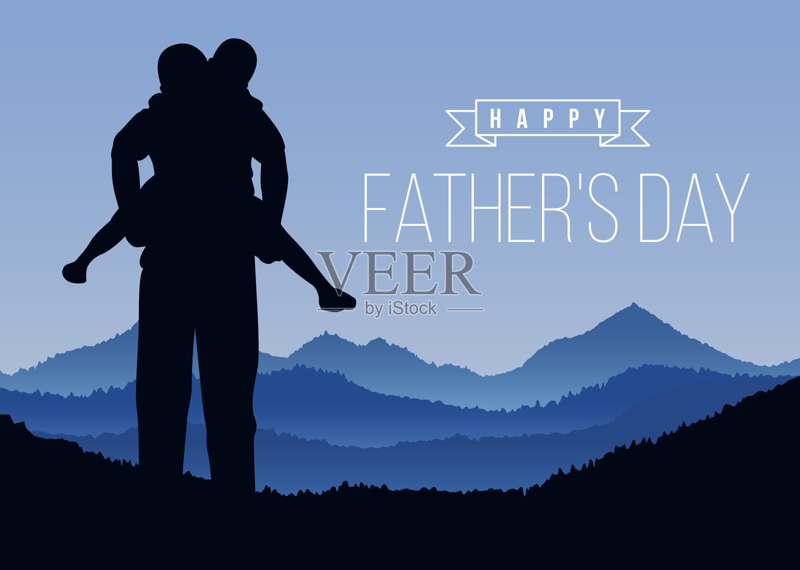 快乐的父亲节剪影儿子和他的父亲在山峰的蓝色色调矢量设计插画图片素材