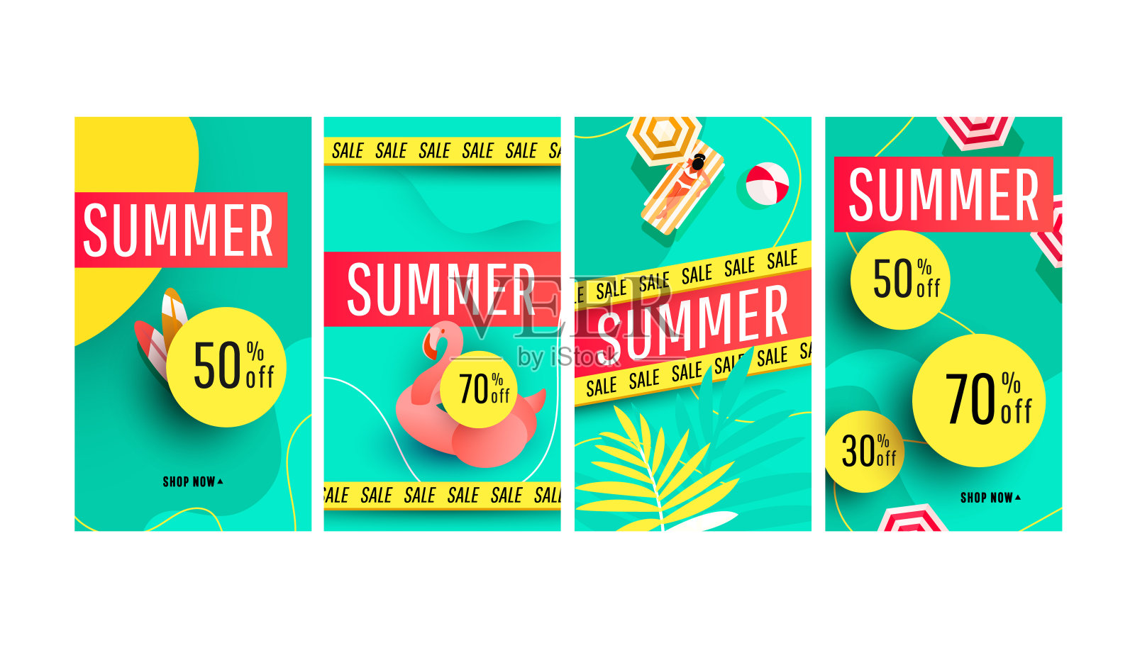 可编辑的销售夏季横幅故事模板与海滩配件，绿色的热带棕榈在明亮的形状的背景。矢量图插画图片素材