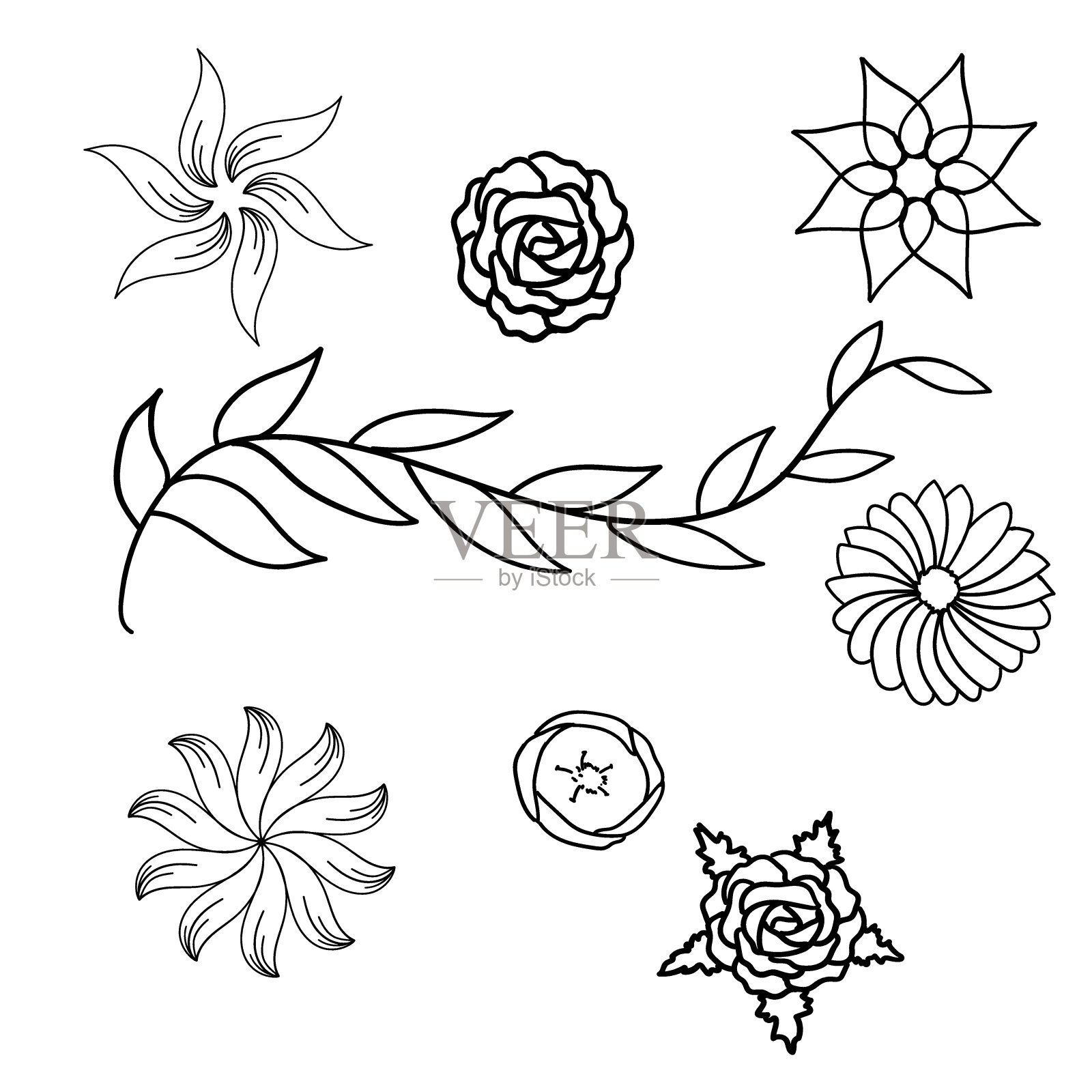 春天的花和叶子手绘集图标矢量插图设计插画图片素材
