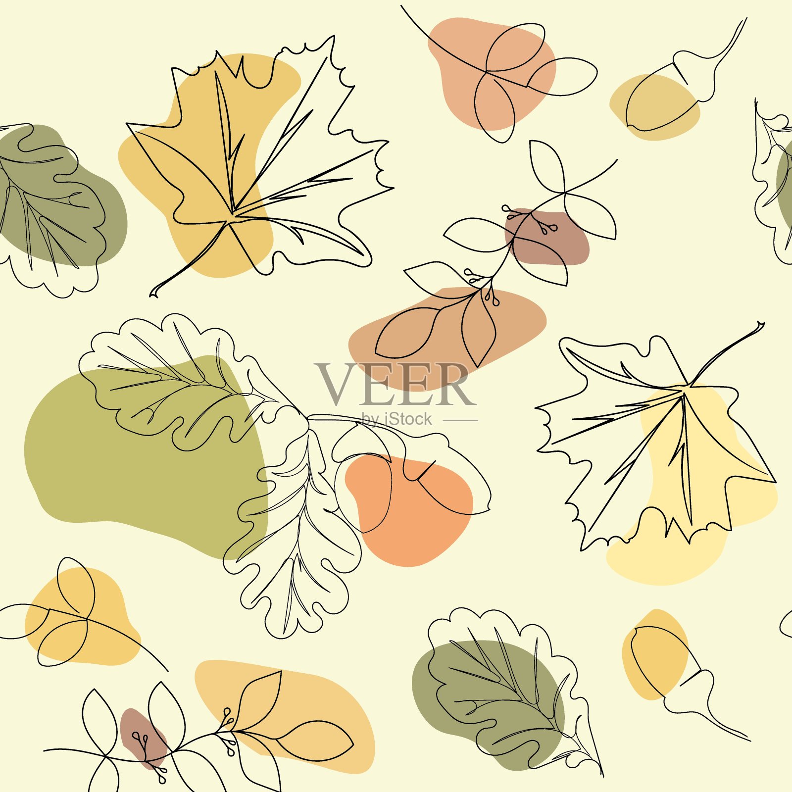抽象背景的连续线的树叶，树枝，橡子和彩绘点在一个柔和的背景。设计织物，页，封面，墙纸。无缝的矢量模式。插画图片素材
