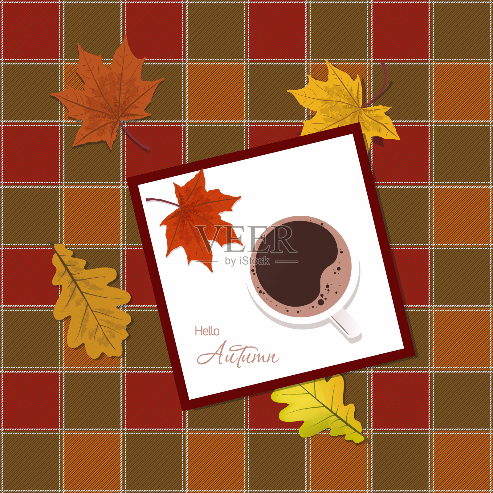 咖啡，秋叶落在美丽的桌布上。前视图。你好,秋天。矢量孤立插图在平面风格插画图片素材
