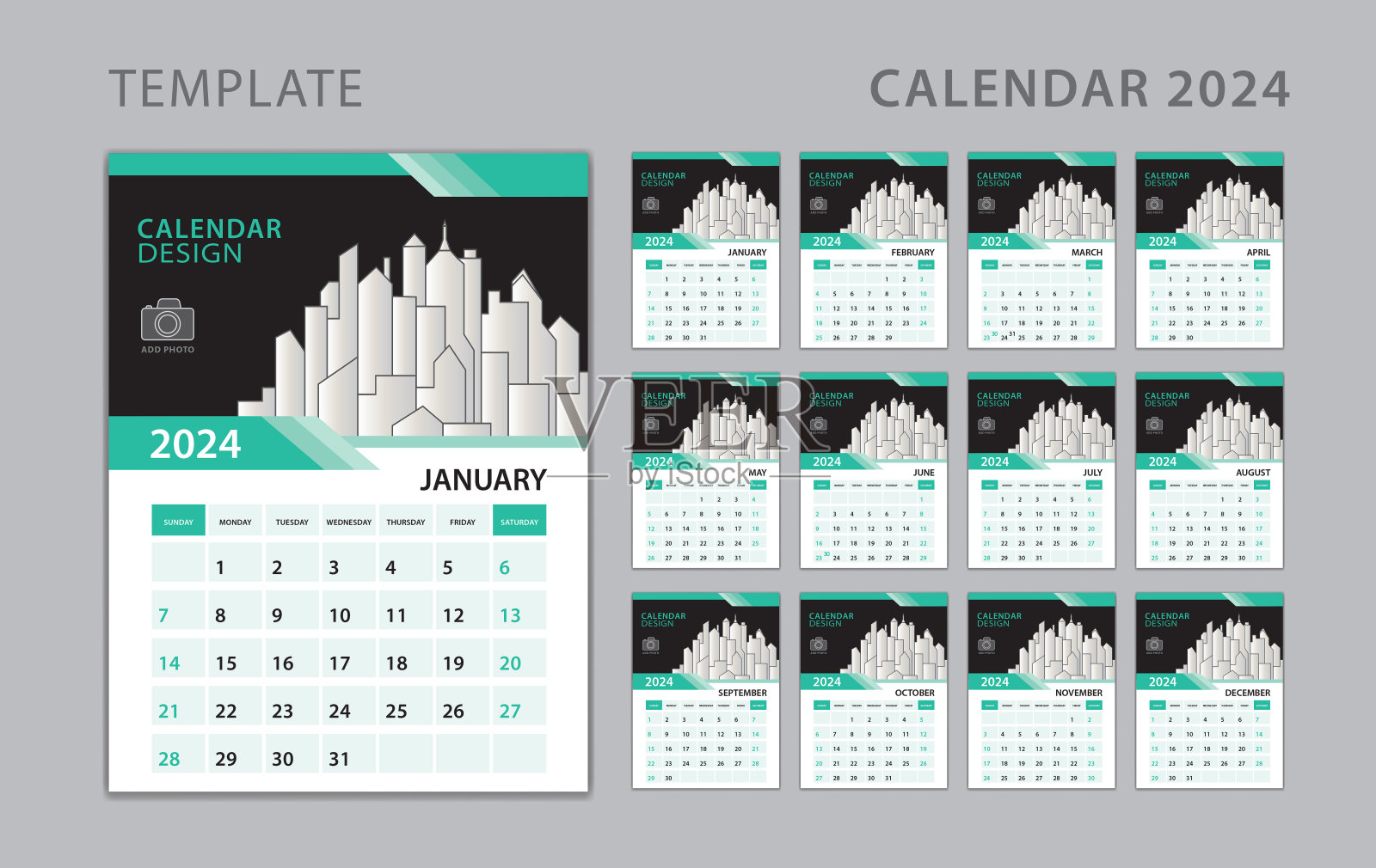 日历2024模板，设置办公桌日历设计与地点的照片和公司标志。墙上的日历。一周从周日开始。墙历2024年，一套12个月。创意日历设计设计模板素材
