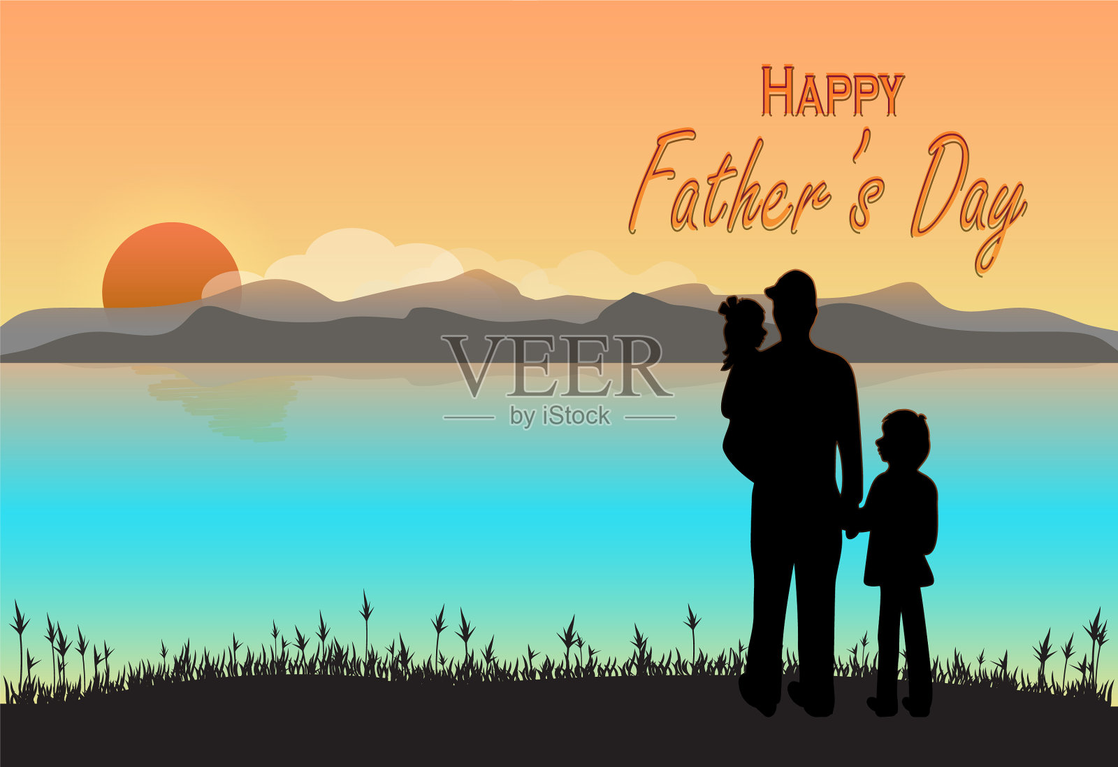 父亲与儿女短信祝父亲节快乐插画图片素材