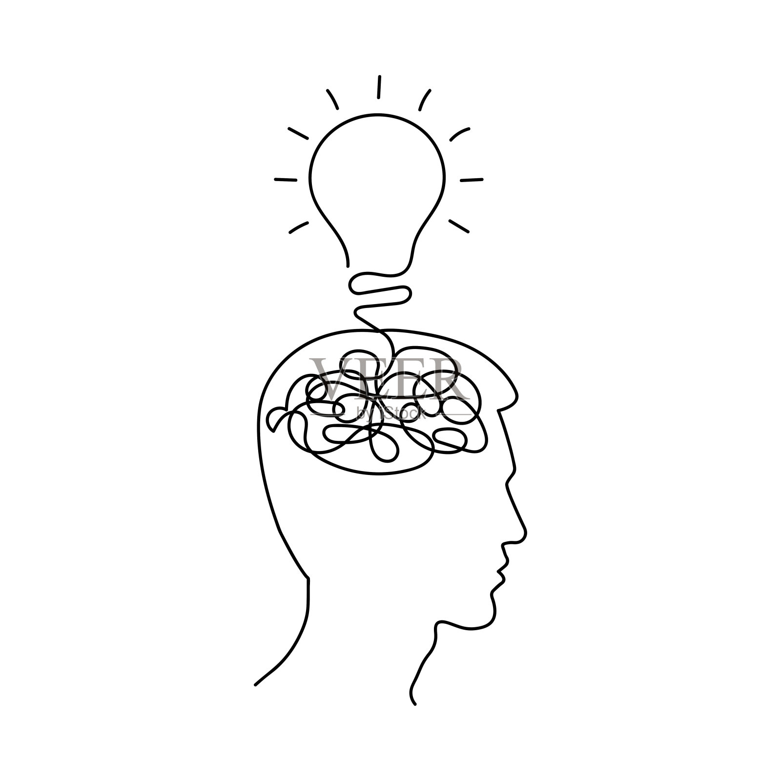 人的头图标与混乱的思想大脑和灯泡。头脑风暴和思考过程。新的想法，解决方案的概念。矢量插图。插画图片素材