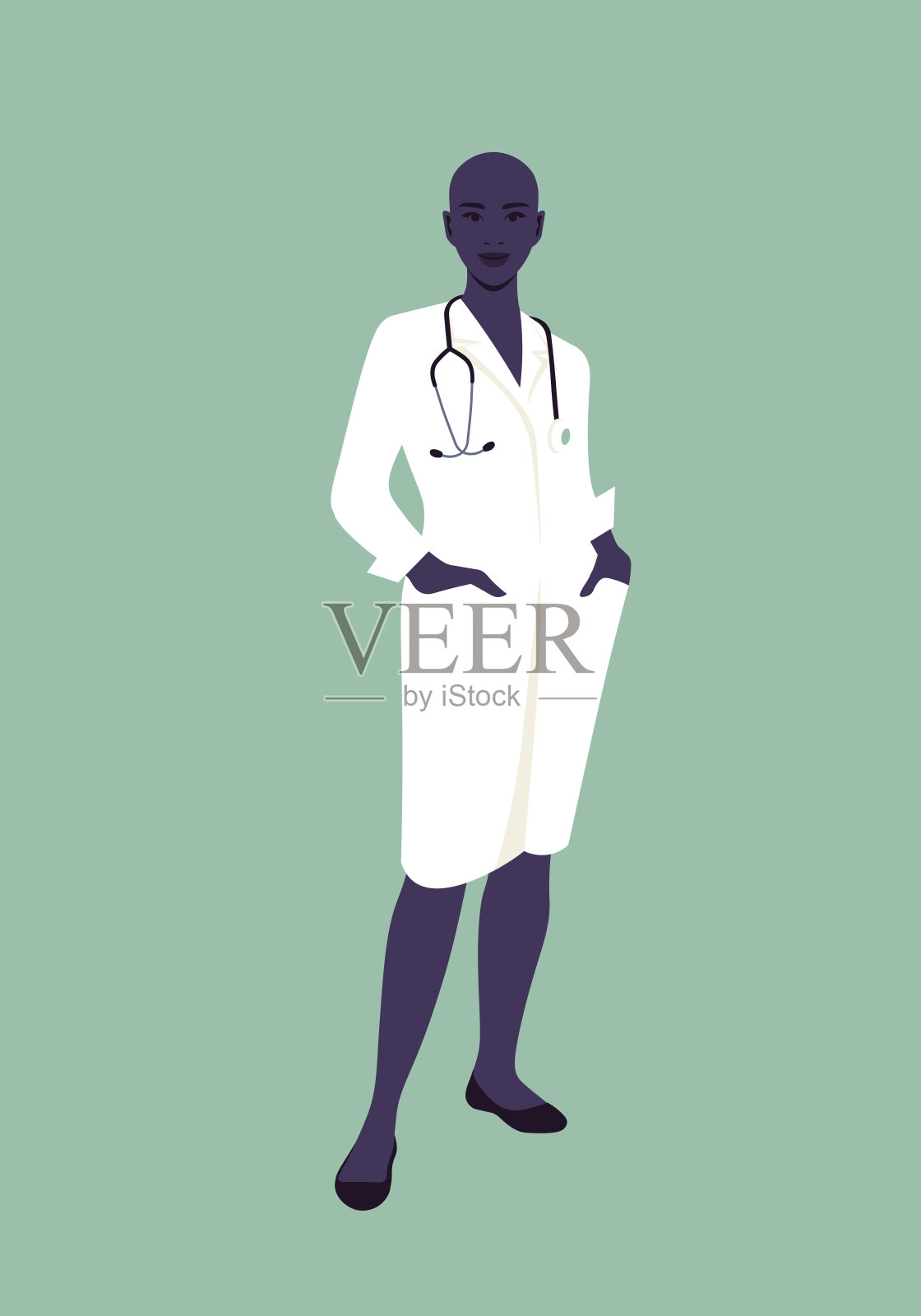 一幅身着医疗制服的非洲女医生的全身画像。插画图片素材