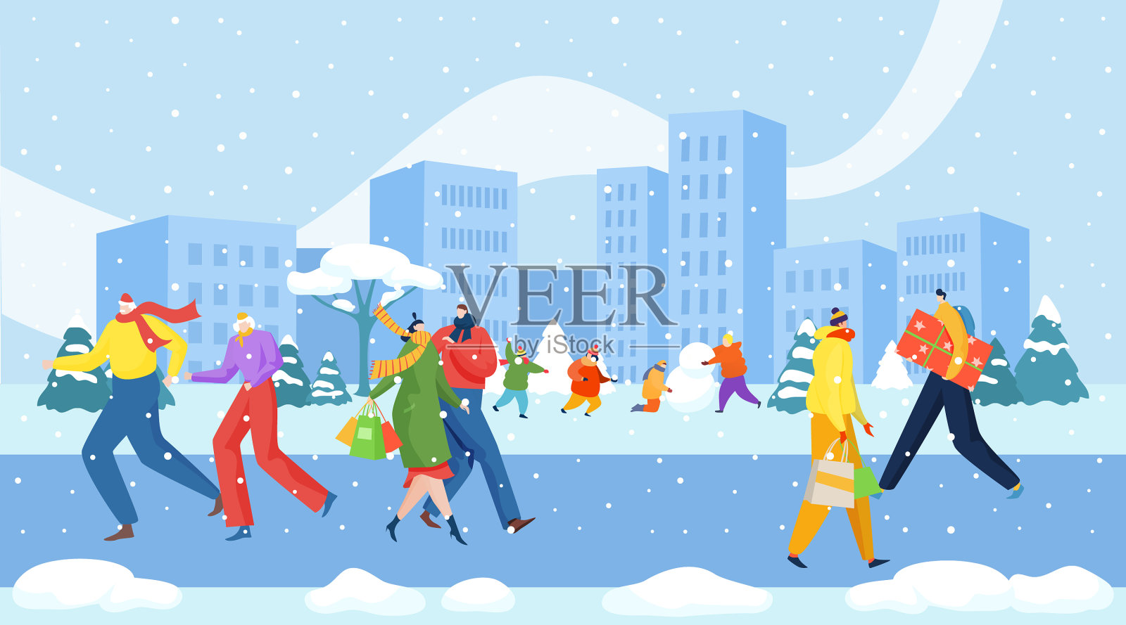 快乐的人们在圣诞节冬天漫步在人行道上插画图片素材