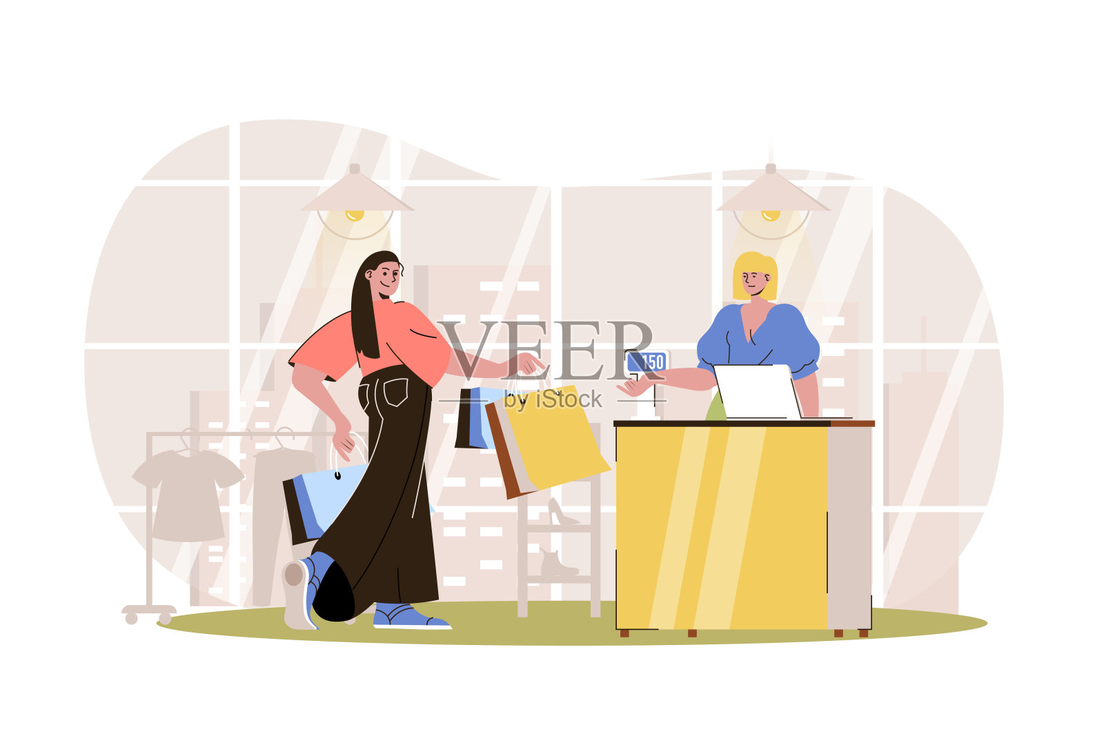 购物网站字符概念。拿着包的女人在收银台付款。顾客在精品店买衣服，与人隔绝的场景。矢量插图与人在平面设计插画图片素材