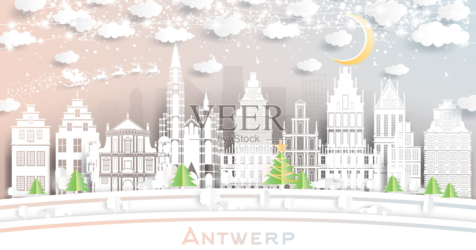 比利时安特卫普城市天际线剪纸风格与雪花，月亮和霓虹灯花环。插画图片素材