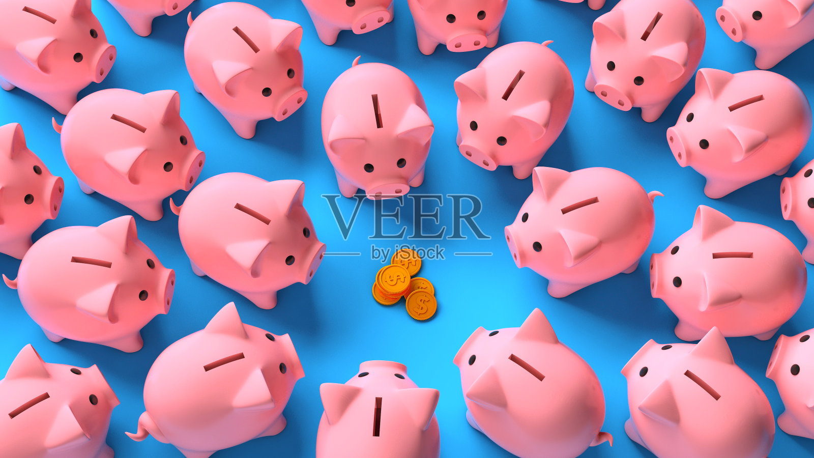 蓝色背景上的一堆硬币周围环绕着许多粉红色的小猪储蓄罐。利润分享。储蓄的收入照片摄影图片