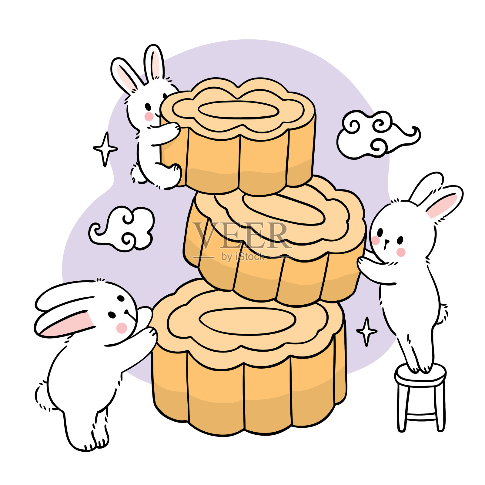 手绘卡通可爱的中秋节小白兔和月饼向量。设计元素图片