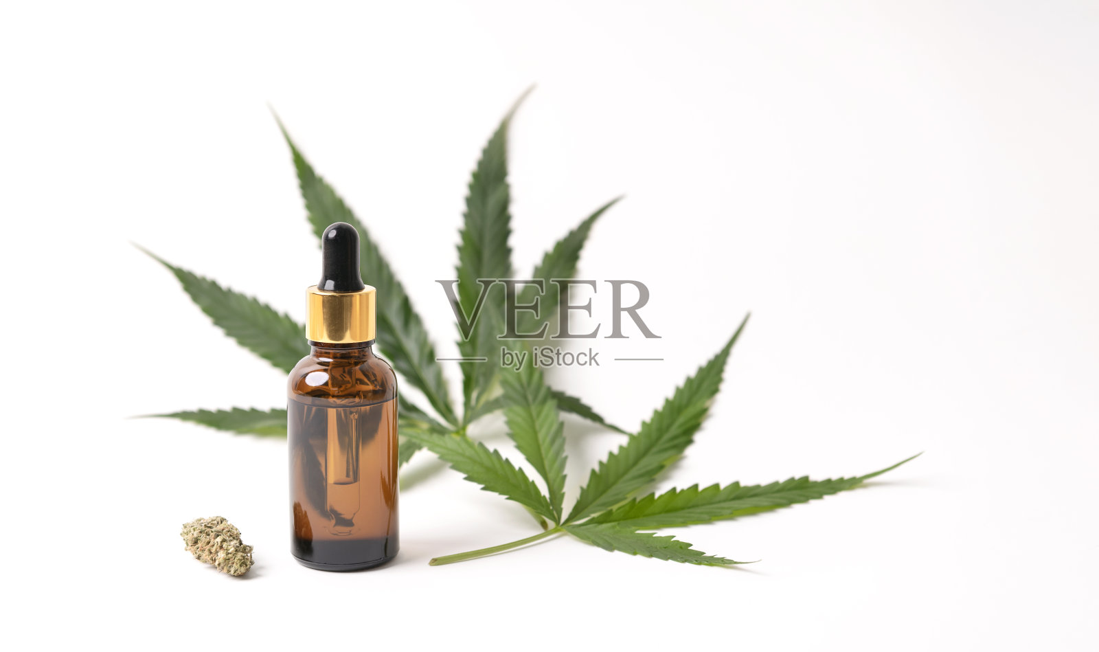 大麻油提取罐和绿色大麻叶，大麻分离在白色背景。种植药用和草药大麻。照片摄影图片