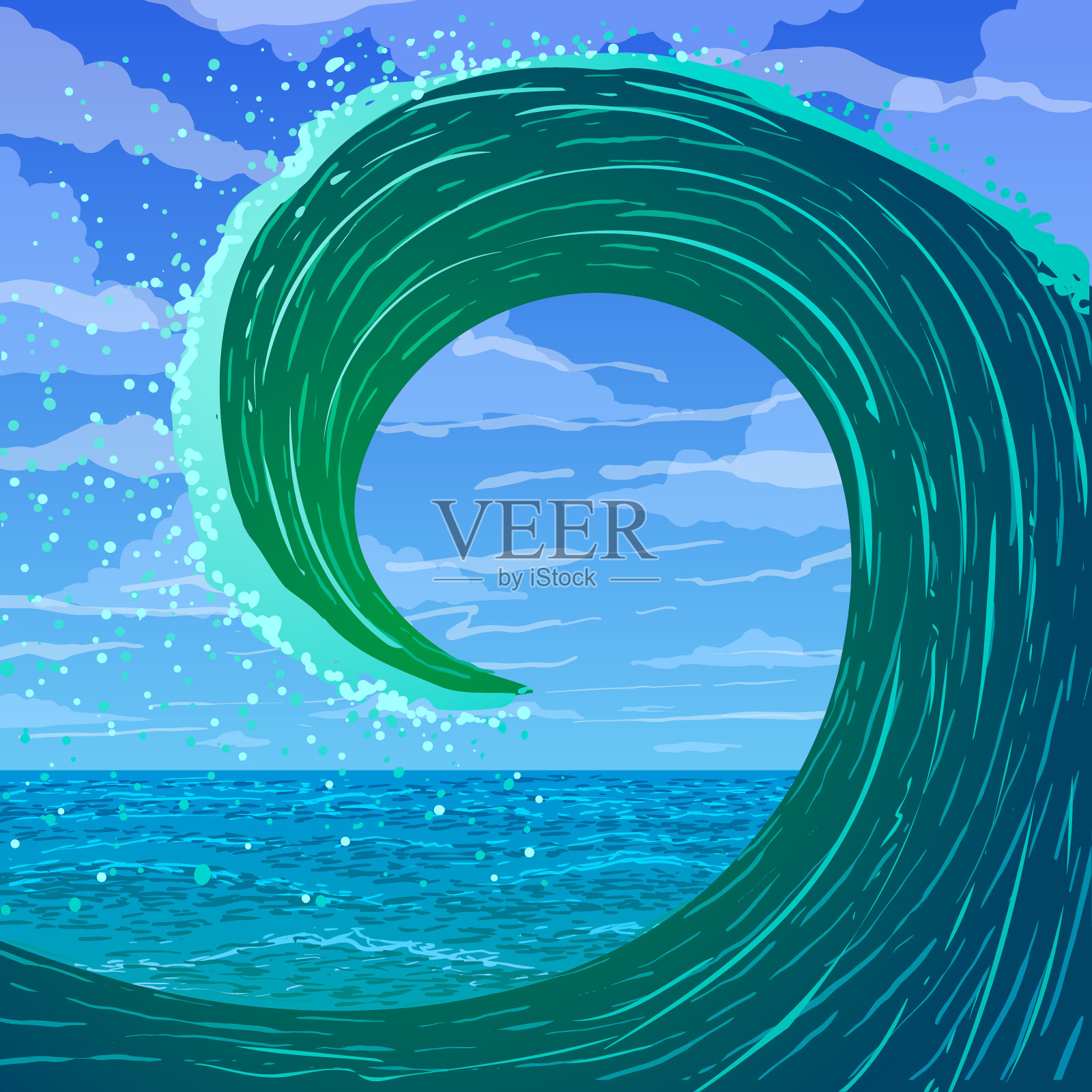 大绿色卡通海洋波浪在矢量插画图片素材
