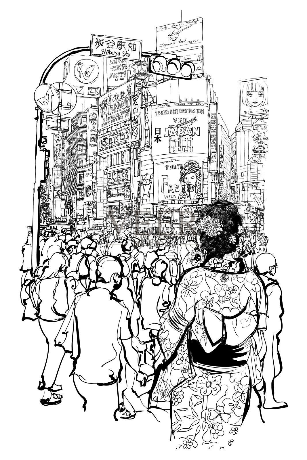 东京，著名的涩谷十字路口插画图片素材